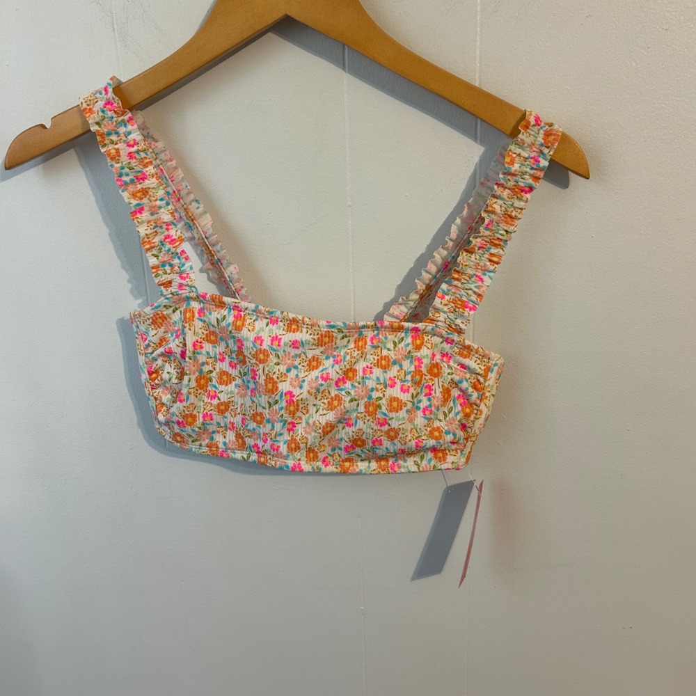 Xhilaration‎ Floral Ruffle Strap Crop Bikini Top White Orange Pink Blue Swim M